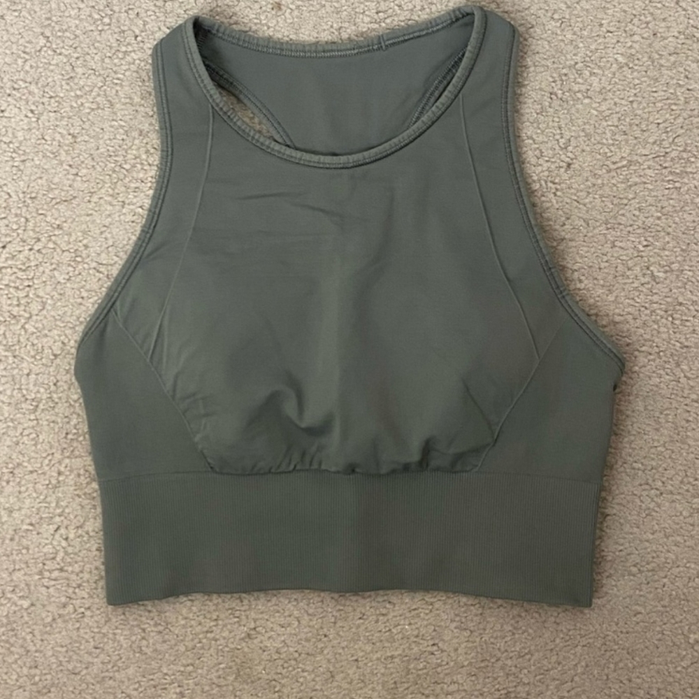 LULULEMON ARMY OLIVE GREEN HIGH NECK SPORTS BRA GYM TOP